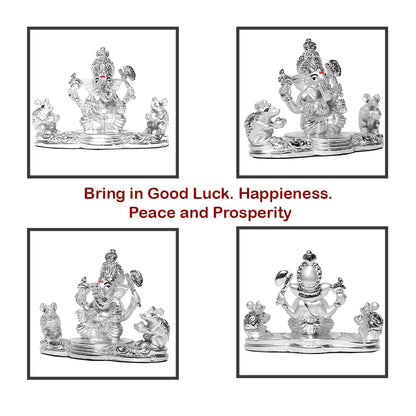 DIVINITI 999 Silver Plated Lord Ganesha And Mooshak Idol Statue For Home Decor, Table Top, Workshop, Puja Room (8.7x11.6 CM)