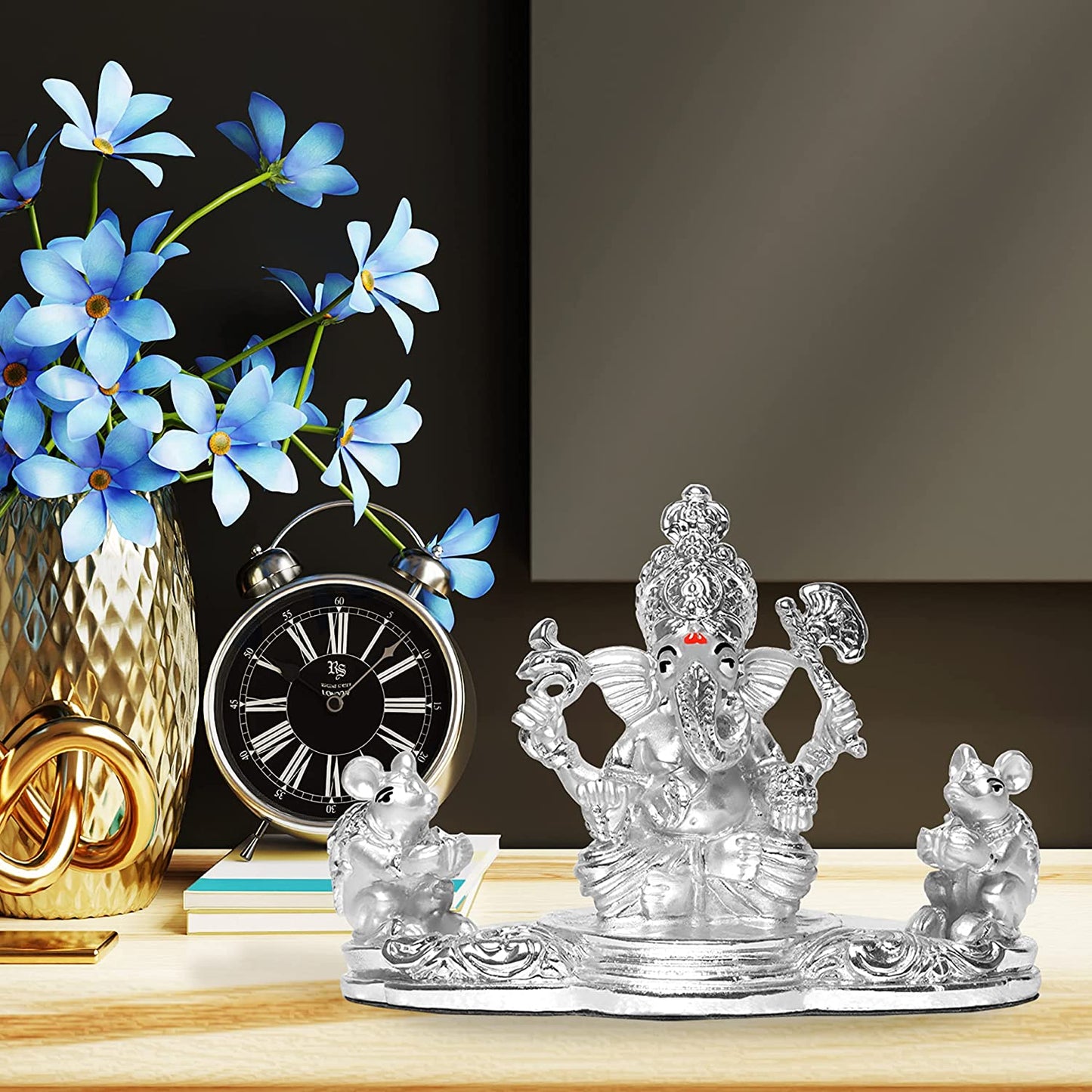 DIVINITI 999 Silver Plated Lord Ganesha And Mooshak Idol Statue For Home Decor, Table Top, Workshop, Puja Room (8.7x11.6 CM)