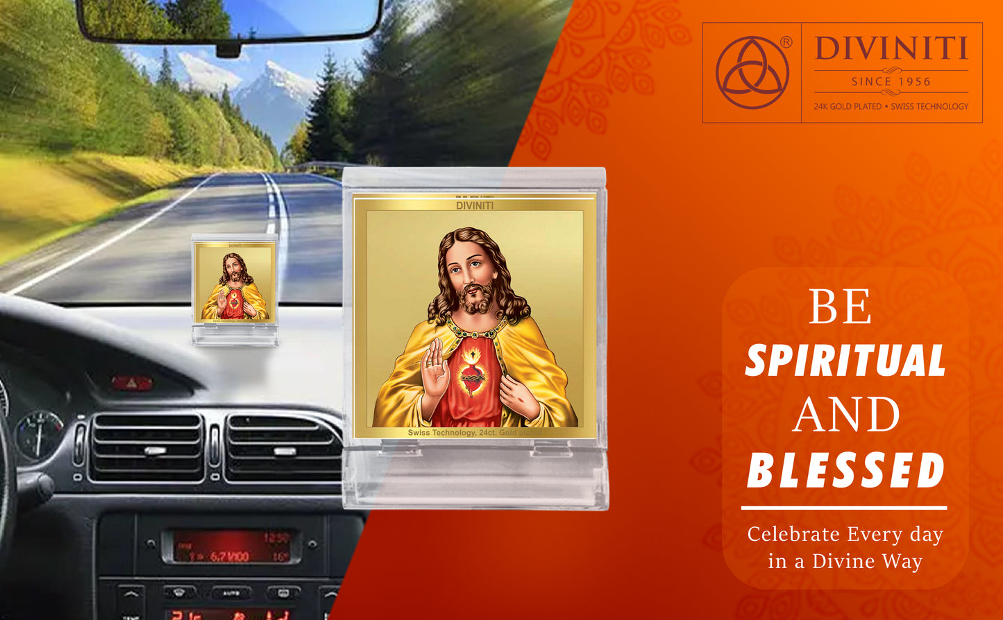 Diviniti 24K Gold Plated Jesus Acrylic Frame for Car Dashboard, Home Decor, Tabletop, Festival Gift ACF3A (5.8x4.8 CM)