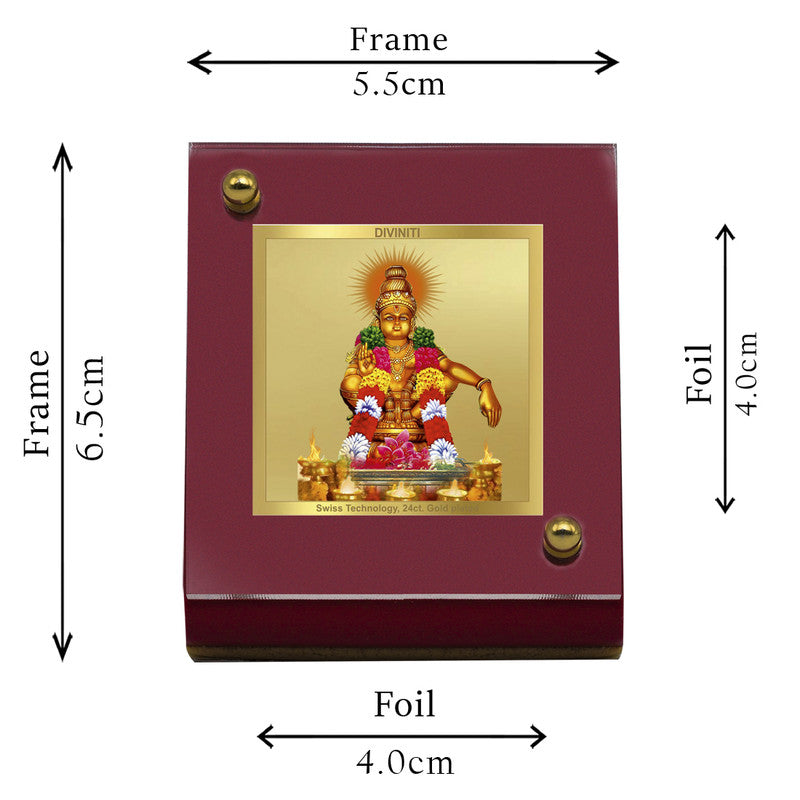 Diviniti 24K Gold Plated Ayyappan Ji Frame For Car Dashboard Showpiece, Home Decor, Prayer, Gift (5.5x6.5 CM)