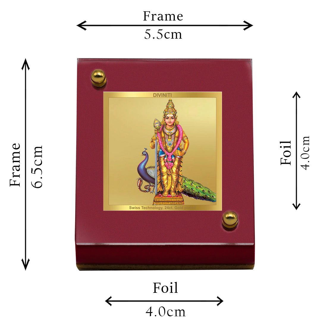 Diviniti 24K Gold Plated Lord Murugan / Karthikeya Frame For Car Dashboard, Home Decor, Tabletop and Worship (MDF 1B)(6.5 x 5.5 CM)
