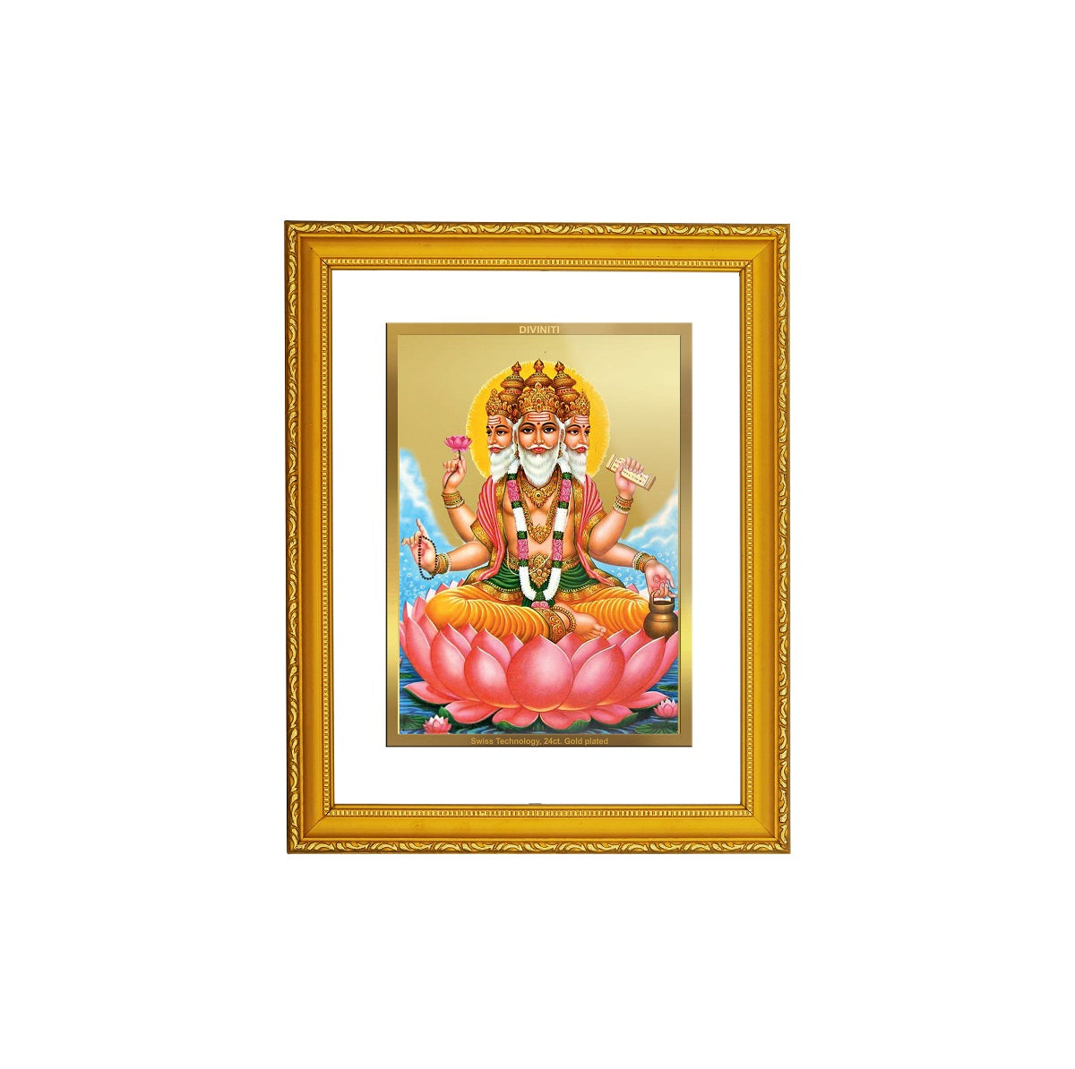 DIVINITI 24K Gold Plated Foil Lord Brahma Elegant Photo Frame Idol for Prayer, Workshop, Wall Hanging, Home Decor, Gift|DG101 Size 2 (22.6x18.4 CM)