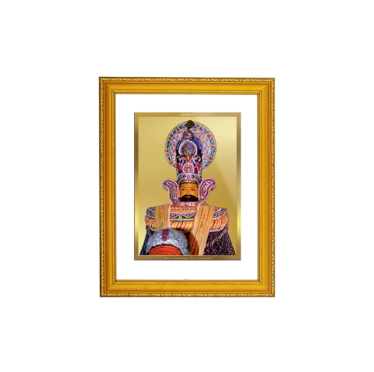 DIVINITI 24K Gold Plated Khatu Shyam Traditional Photo Frame Idol for Home Wall Decor, Workshop, Table Top, Premium Gift|DG101 Size 2 (22.6x18.4 CM)