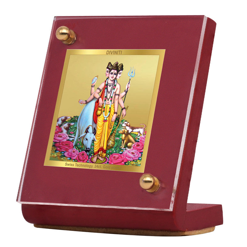 Diviniti 24K Gold Plated Foil Dattatreya Frame For Car Dashboard, Home Decor, Prayer, Gift (5.5 x 6.5 CM)