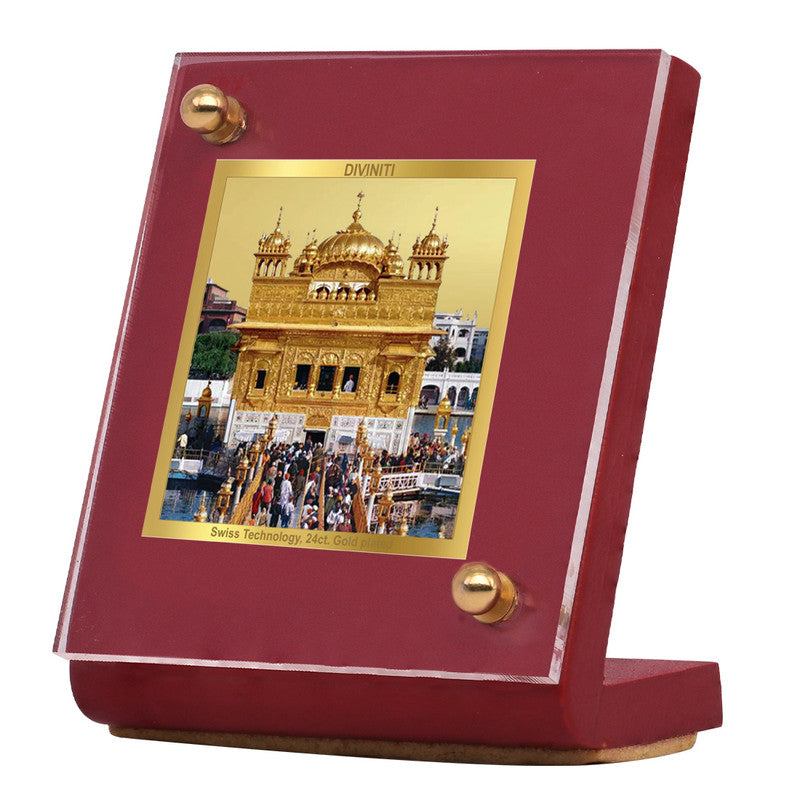 Diviniti 24K Gold Plated Sachkhand Shri Darbar Sahib (Golden Temple) Frame For Car Dashboard, Home Decor, Table Top, Gift (5.5 x 6.5 CM)