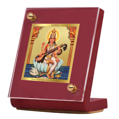 Diviniti 24K Gold Plated Goddess Saraswati Mata Frame For Car Dashboard, Home Decor, Table and Puja (6.5 x 5.5 CM)