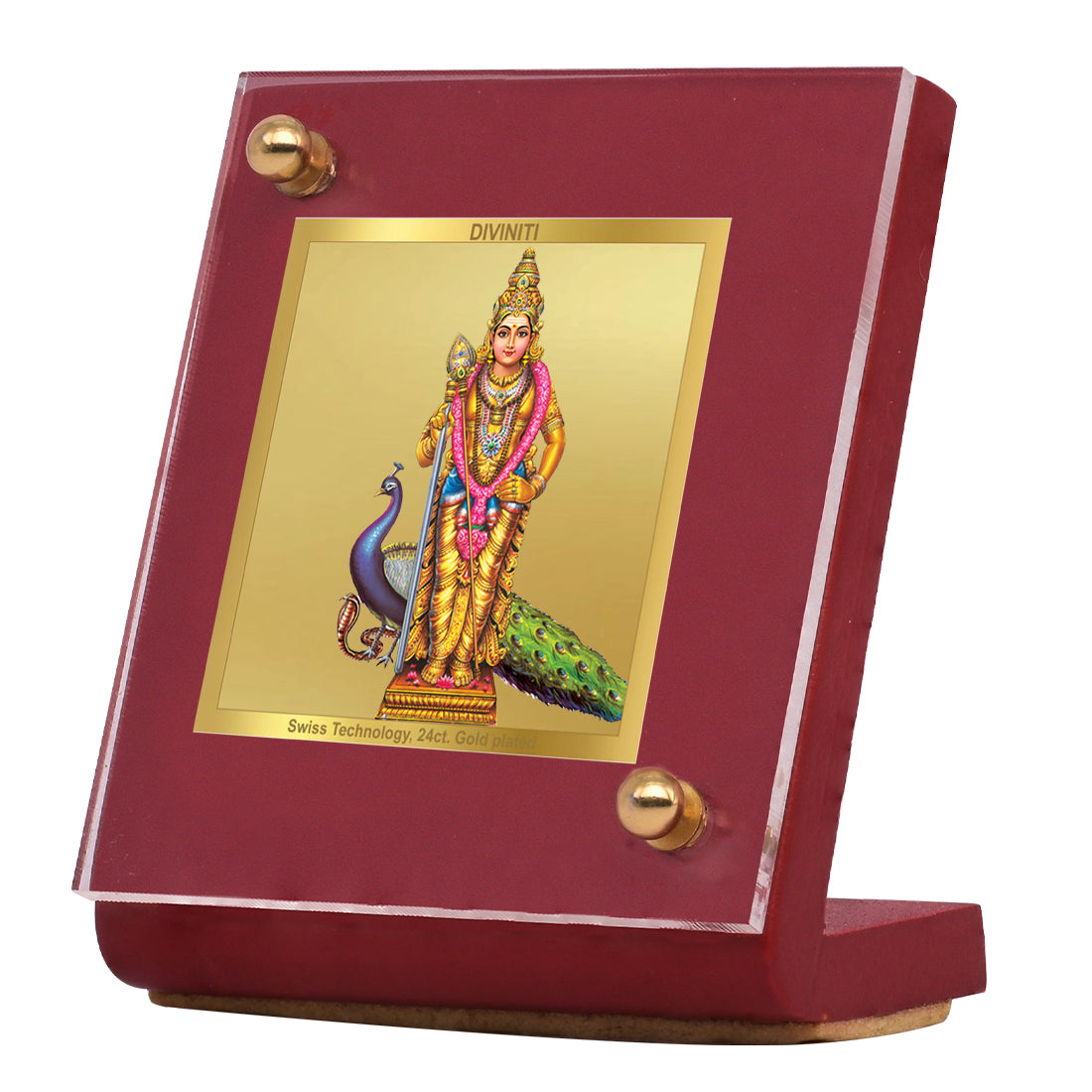 Diviniti 24K Gold Plated Lord Murugan / Karthikeya Frame For Car Dashboard, Home Decor, Tabletop and Worship (MDF 1B)(6.5 x 5.5 CM)
