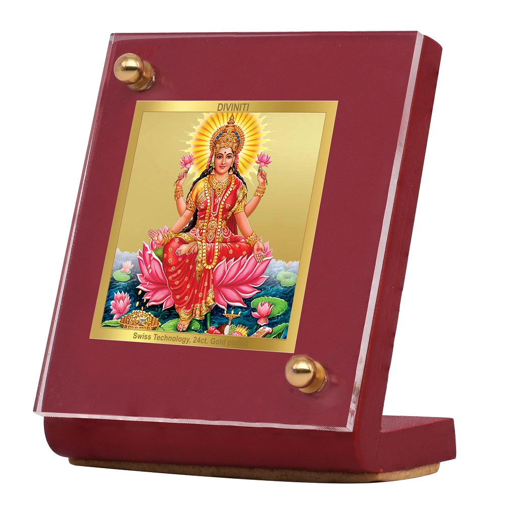 Diviniti 24K Gold Plated Foil Laxmi Ji Frame For Car Dashboard, Home Decor, Puja, Festival Gift (5.5 x 6.5 CM)