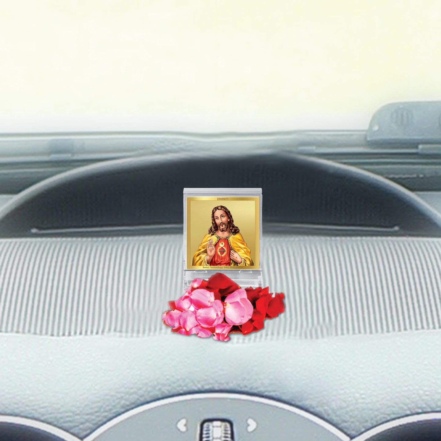 Diviniti 24K Gold Plated Jesus Acrylic Frame for Car Dashboard, Home Decor, Tabletop, Festival Gift ACF3A (5.8x4.8 CM)