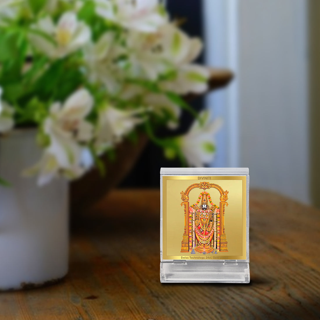 Diviniti 24K Gold Plated Tirupati Balaji Acrylic Frame for Car Dashboard, Home Decor, Tabletop, Puja Room, Festival Gift ACF3A (5.8x4.8 CM)