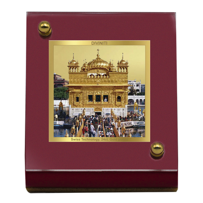 Diviniti 24K Gold Plated Sachkhand Shri Darbar Sahib (Golden Temple) Frame For Car Dashboard, Home Decor, Table Top, Gift (5.5 x 6.5 CM)