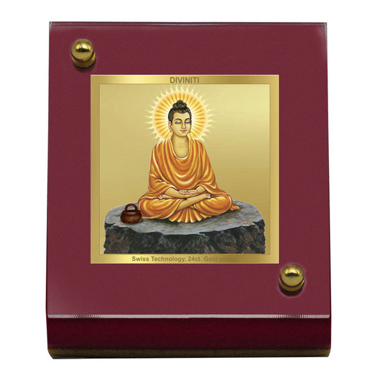 Diviniti 24K Gold Plated Foil Buddha Frame For Car Dashboard, Home Decor, Table Top, Gift (5.5 x 6.5 CM)