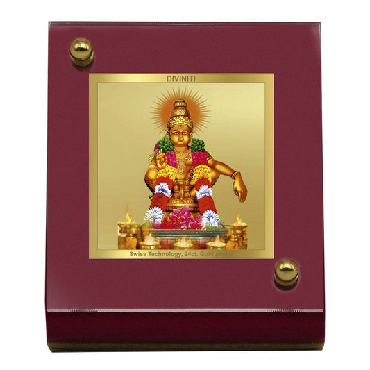 Diviniti 24K Gold Plated Ayyappan Ji Frame For Car Dashboard Showpiece, Home Decor, Prayer, Gift (5.5x6.5 CM)