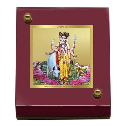 Diviniti 24K Gold Plated Foil Dattatreya Frame For Car Dashboard, Home Decor, Prayer, Gift (5.5 x 6.5 CM)