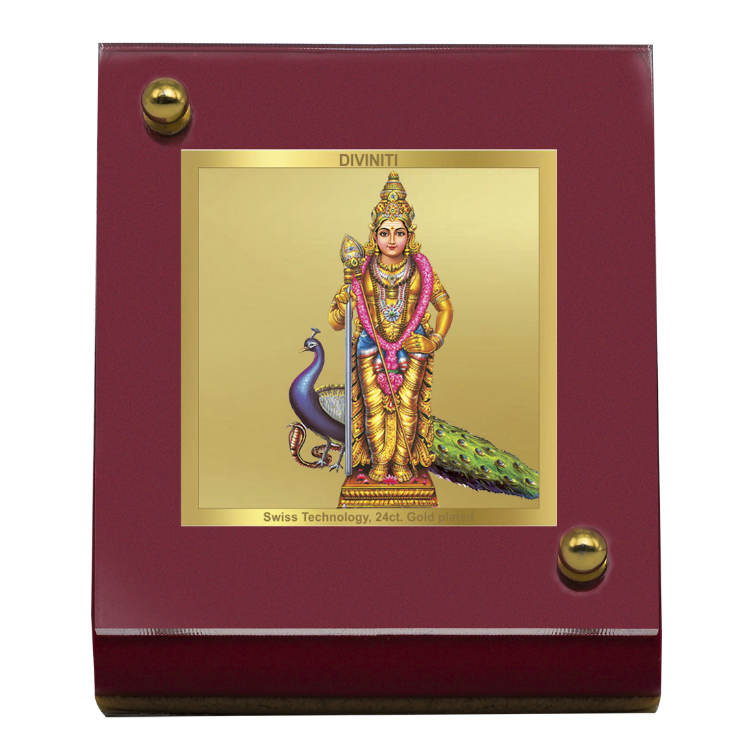 Diviniti 24K Gold Plated Lord Murugan / Karthikeya Frame For Car Dashboard, Home Decor, Tabletop and Worship (MDF 1B)(6.5 x 5.5 CM)