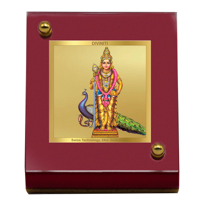 Diviniti 24K Gold Plated Lord Murugan / Karthikeya Frame For Car Dashboard, Home Decor, Tabletop and Worship (MDF 1B)(6.5 x 5.5 CM)