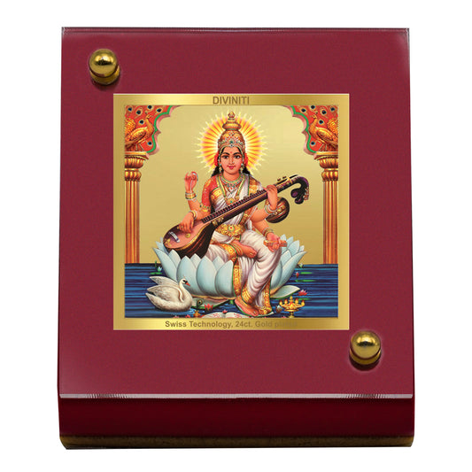 Diviniti 24K Gold Plated Goddess Saraswati Mata Frame For Car Dashboard, Home Decor, Table and Puja (6.5 x 5.5 CM)
