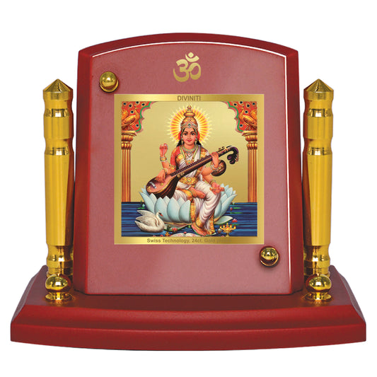 Diviniti 24K Gold Plated Saraswati Mata Photo Frame for Car Dashboard, Home Decor, Tabletop, Puja Room, Showpiece and Gift  MDF1BP+ (6.5x5.5 CM)