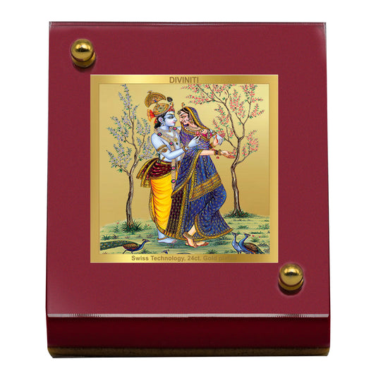 Diviniti 24K Gold Plated Radha Krishna Frame For Car Dashboard, Home Decor, Table Top, Gift (5.5 x 6.5 CM)