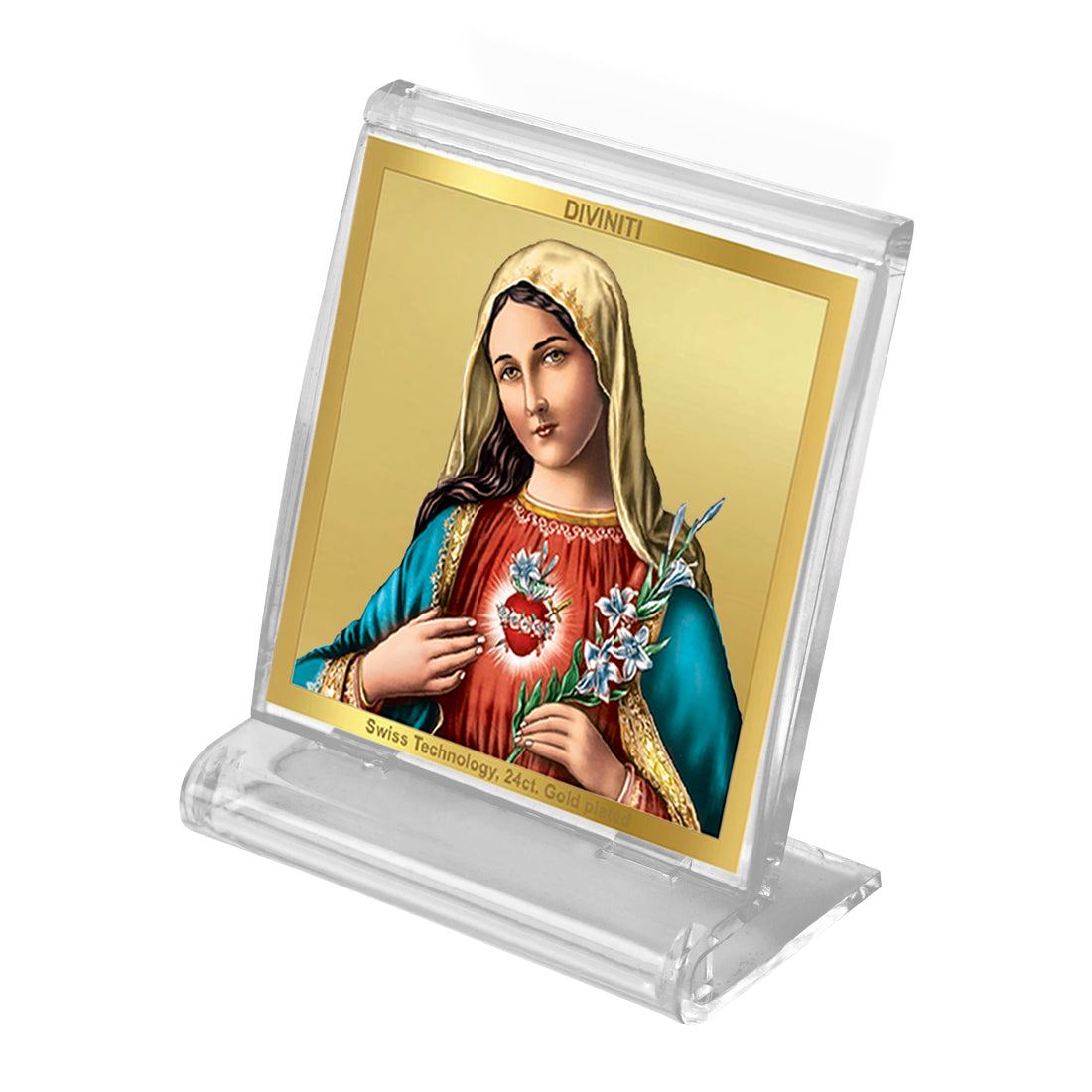 Diviniti 24K Gold Plated Mother Mary Acrylic Frame for Car Dashboard, Home Decor, Tabletop, Festival Gift ACF3A (5.8x4.8 CM)