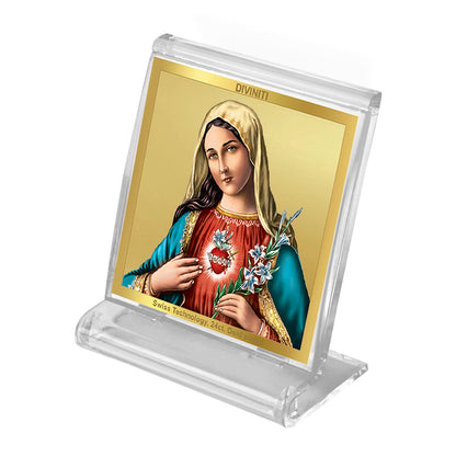 Diviniti 24K Gold Plated Mother Mary Acrylic Frame for Car Dashboard, Home Decor, Tabletop, Festival Gift ACF3A (5.8x4.8 CM)
