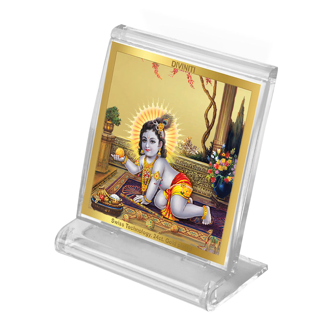 Diviniti 24K Gold Plated Laddu Gopal Acrylic Frame for Car Dashboard, Home Decor, Tabletop, Puja Room, Festival Gift ACF3A (5.8x4.8 CM)